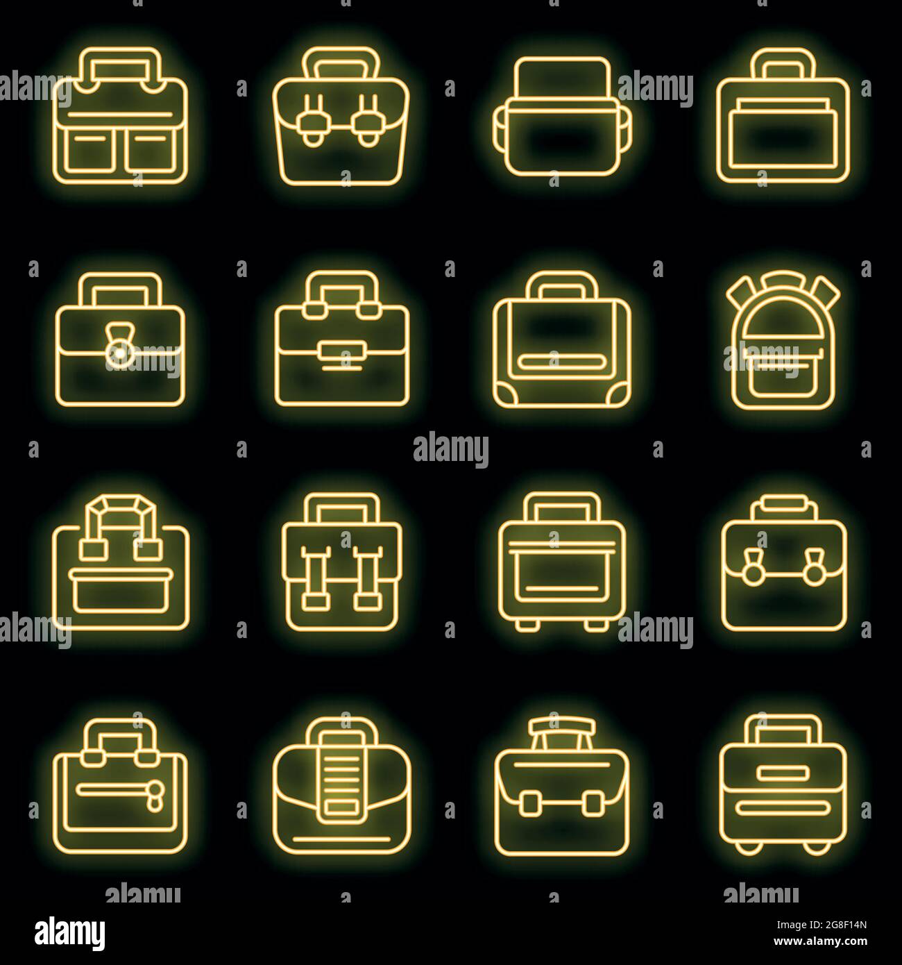 Laptop bag icons set. Outline set of laptop bag vector icons neon color ...