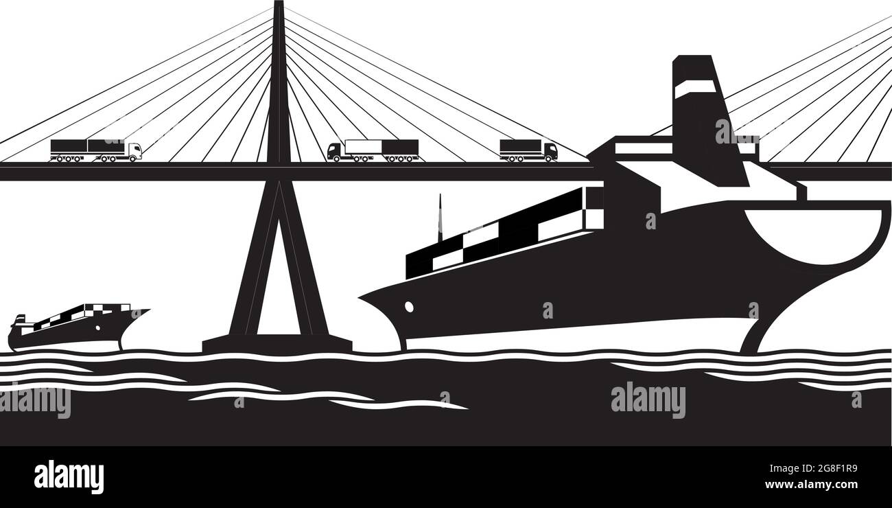 Cargo ship passing  under suspension bridge – vector illustration Stock Vector