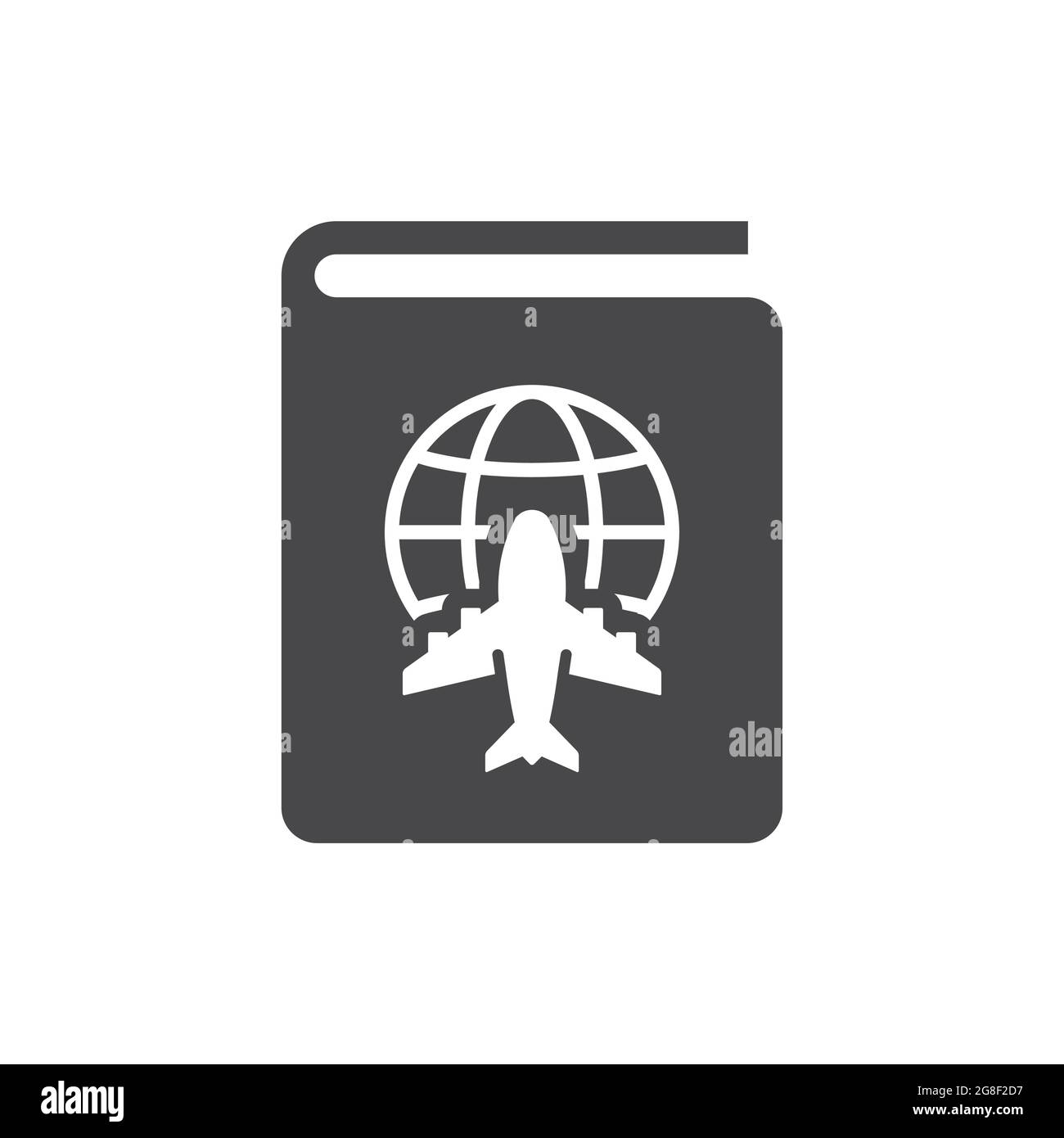 Passport black vector icon. Airplane and globe pass glyph symbol. Stock Vector