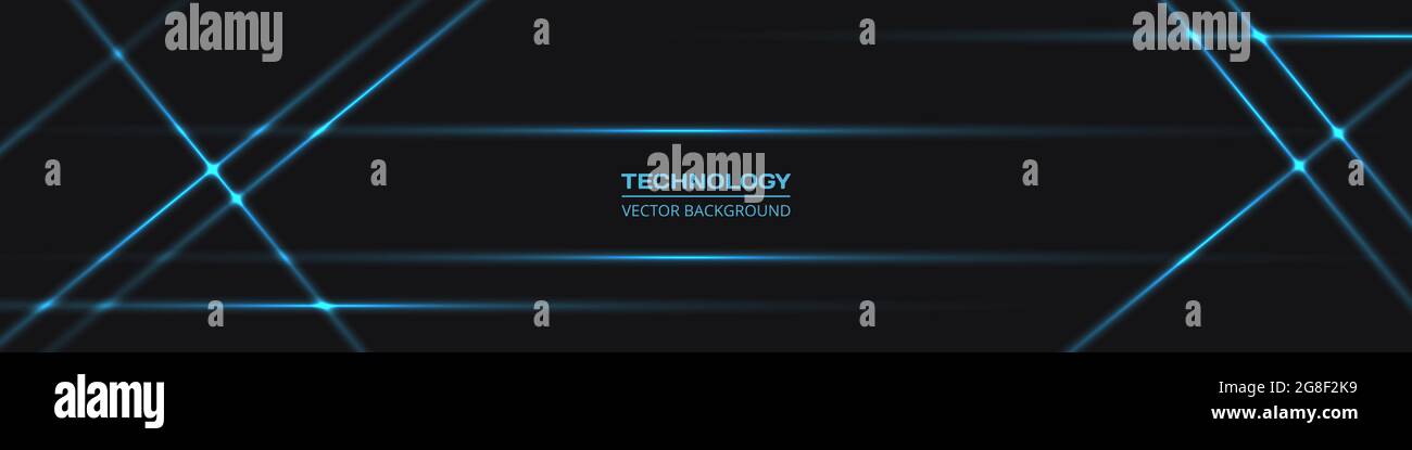 Black wide abstract tech horizontal vector background with blue neon ...