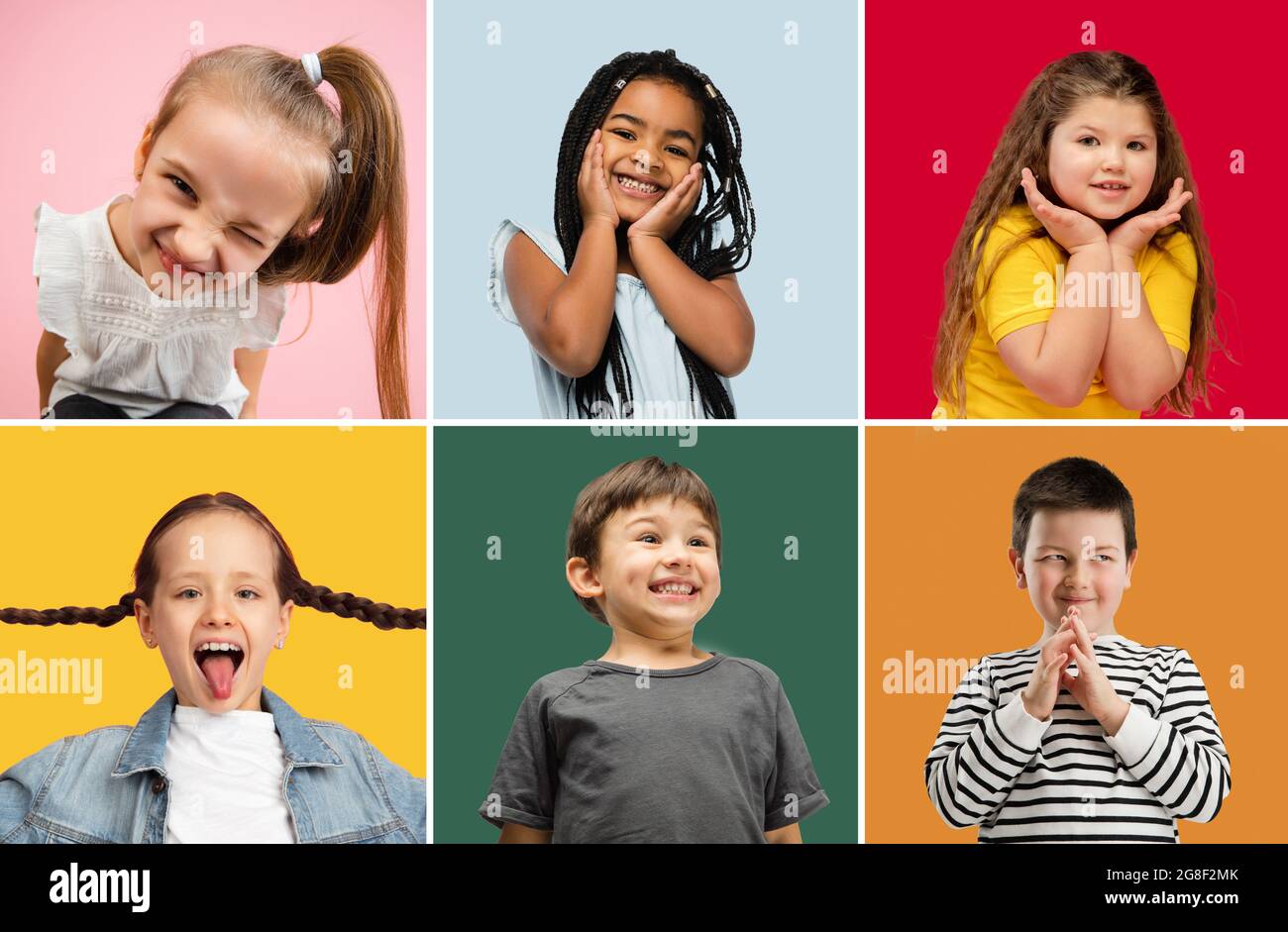 Collage made of portraits of 6 little cute kids, boys and girls ...