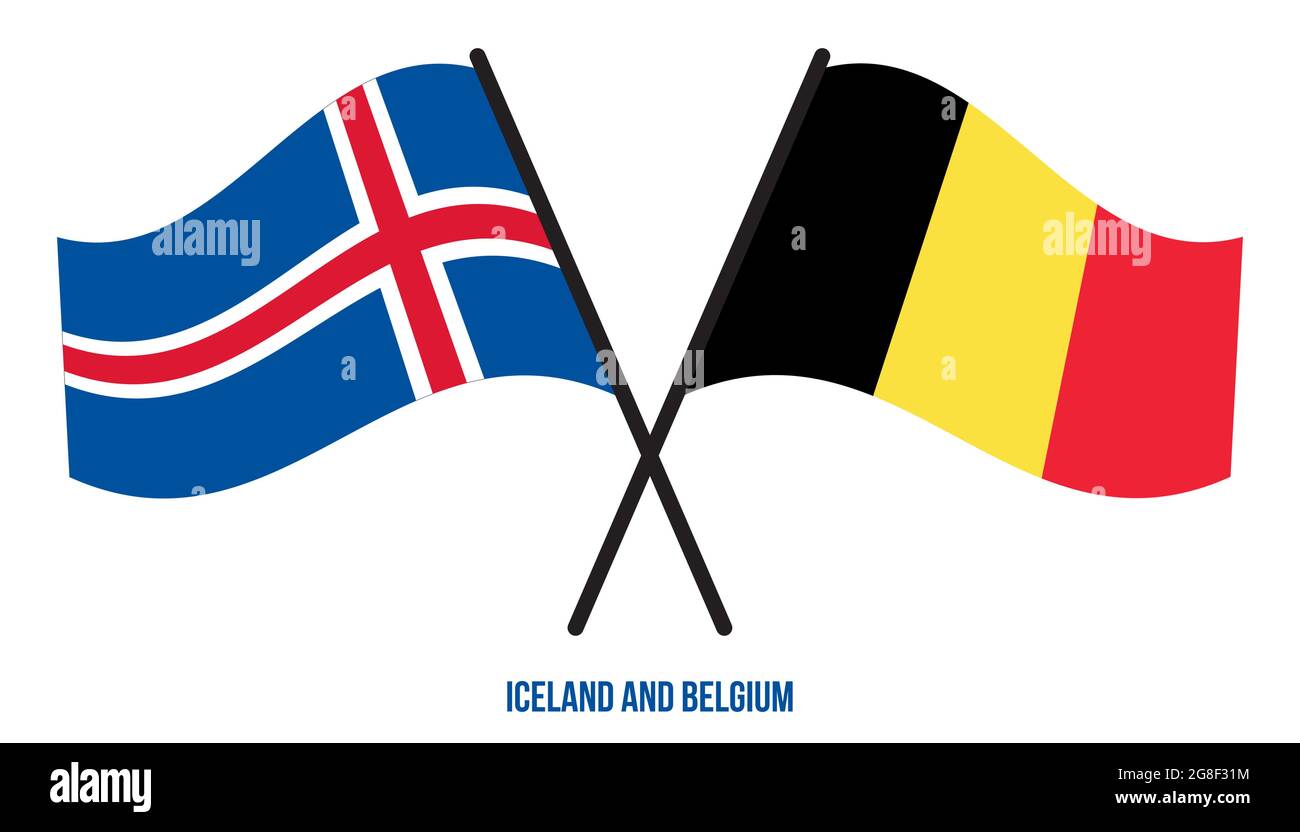 Iceland and Belgium Flags Crossed And Waving Flat Style. Official