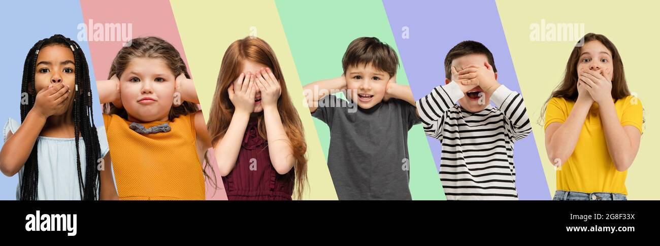Collage made of portraits of little cute kids, boys and girls isolated ...