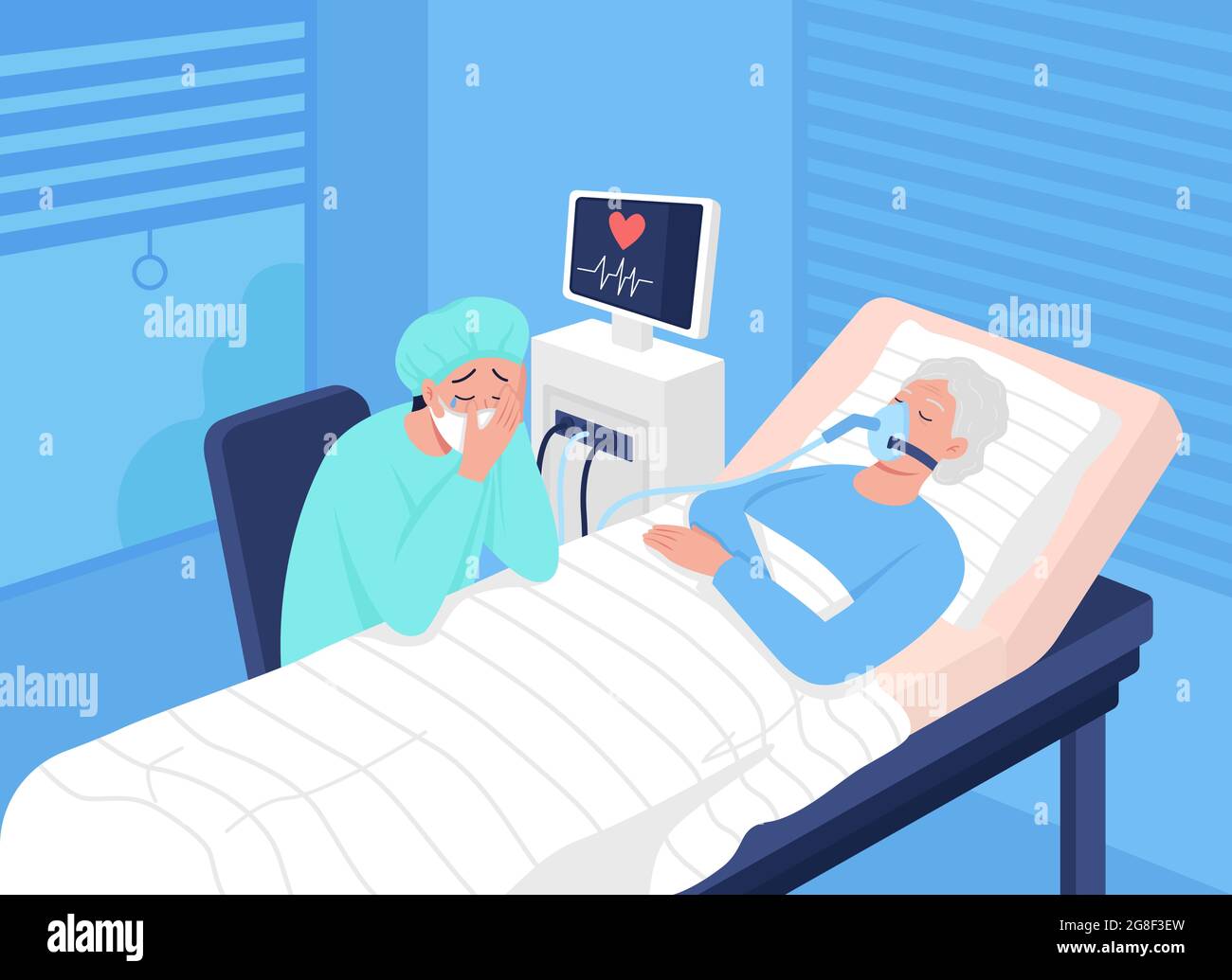 Comatose patient in intensive care unit flat color vector illustration Stock Vector
