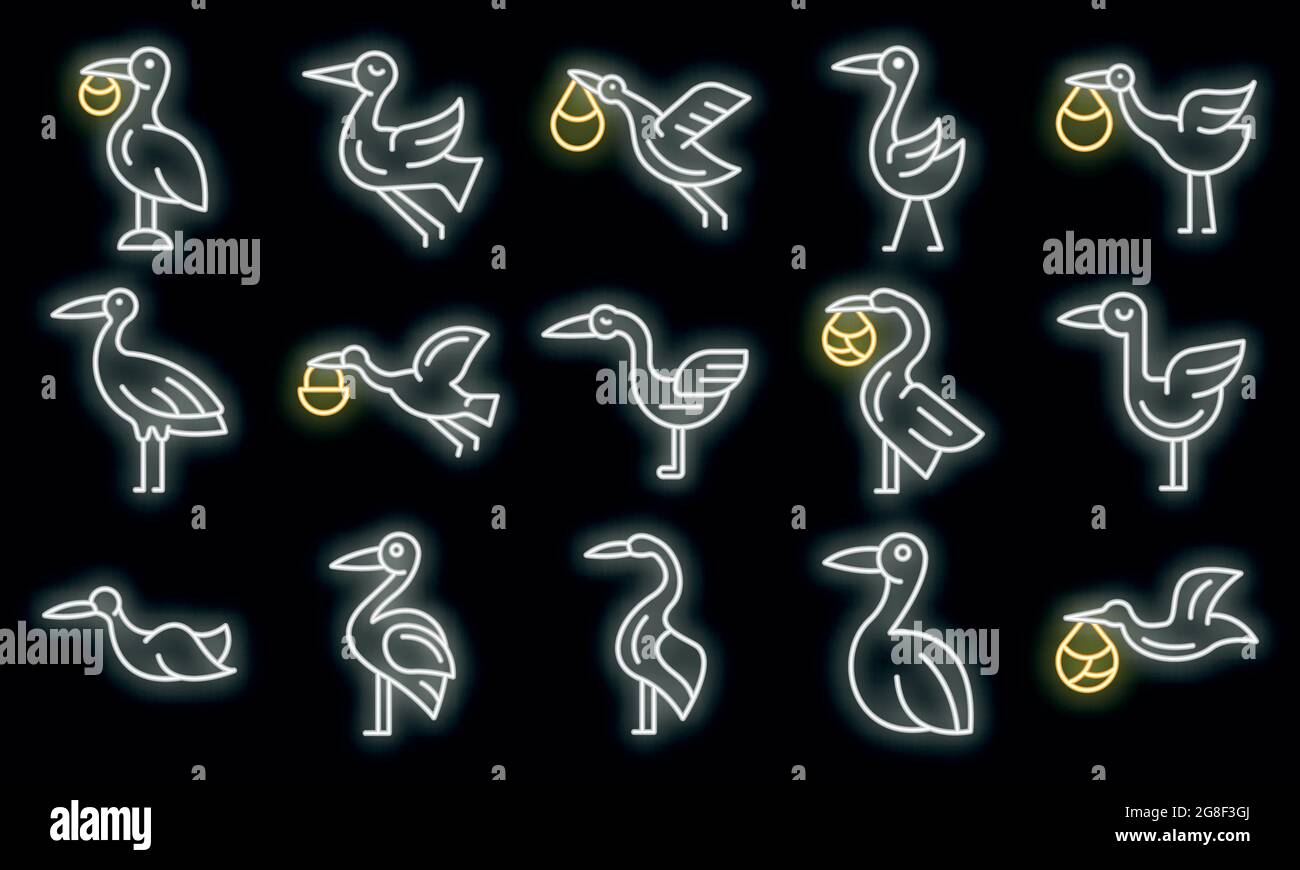 Stork icons set. Outline set of stork vector icons neon color on black ...