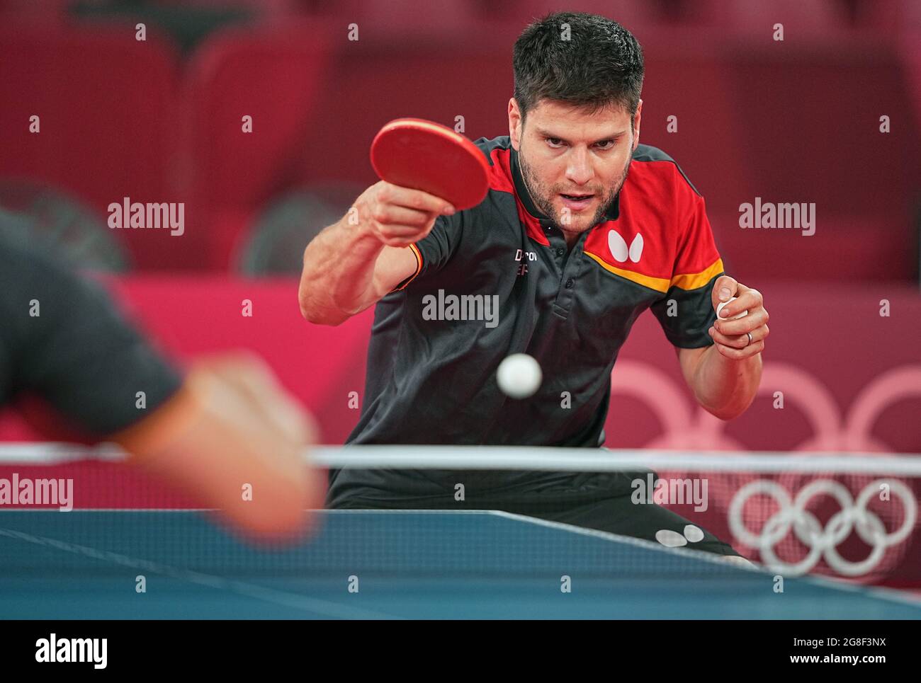 20 July 2021, Japan, Tokio: Table tennis: Olympics, training at Tokyo Metropolitan Gymnasium. Dimitrij Ovtcharov from Germany in action. Photo: Michael Kappeler/dpa Stock Photo