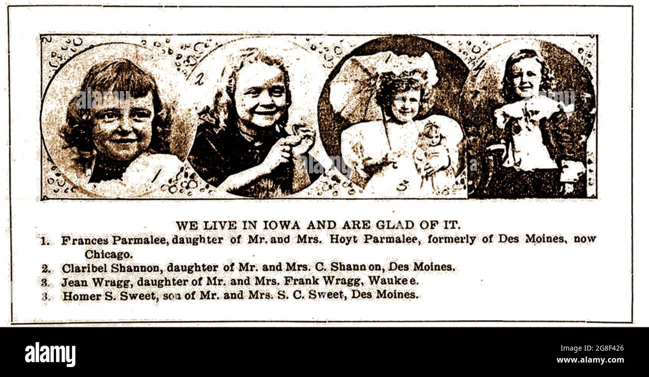An 1898 press cutting showing portraits of  pioneer children in Iowa, USA - Frances Parmalee, daughter of Mr & Mrs Hoyt Parmalee of Des Moines and Chicago, Claribel Shannon, daughter of  Mr & Mrs C Shannon of Des Moines, Jean Wragg, daughter of Mr & Mrs Frank Wragg of Waukee and Homer s sweet, son of Mr & Mrs S C Sweet of Des Moines. Stock Photo