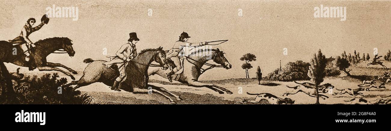 An early 1800's engraving of a British stag hunt. Dating back centuries, deer were hunted for meat and their skins. Considered by some to be a  sport or pastime,  this type of hunting is  currently illegal in the UK under the Hunting Act 2004.The vast majority of deer hunted in the UK are stalked, though traditionally  chasing deer was by using  packs of hounds, Stock Photo