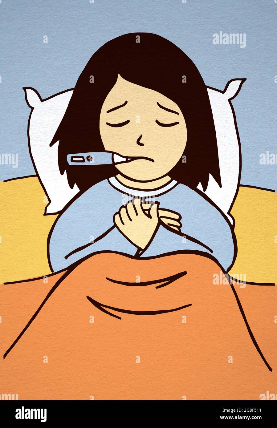 Cute cartoon illustration of a sick girl resting in the bed with a thermometer in her mouth Stock Photo - Alamy Cute cartoon illustration of a sick girl resting in the bed with a thermometer in her mouth Stock Photo - Alamy