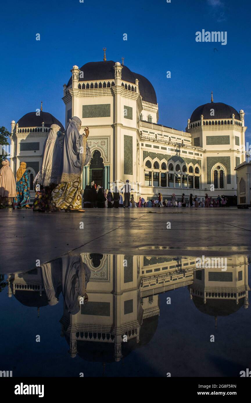 Medan, Indonesia, July 20, 2021: Muslims seen perform Eid Al Adha prayers at the Al-mashun Grand Mosque in Medan, North Sumatra province, Indonesia on July 20, 2021. Photo by Aditya Sutanta/ABACAPRESS.COM Stock Photo