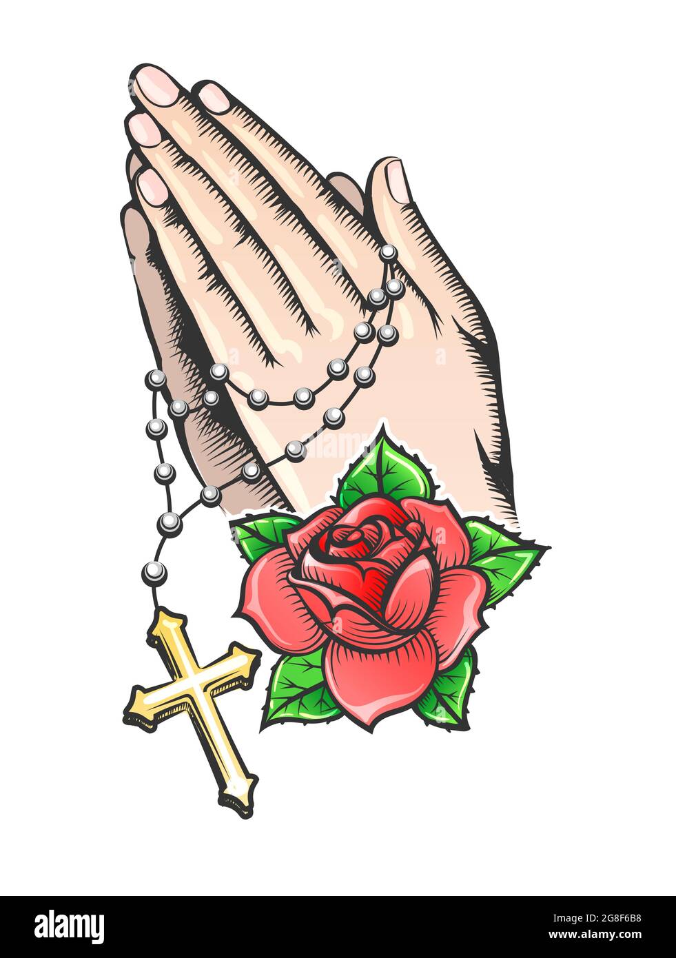 Tattoo of Praying hands with Cross and Rose Fower. Vector illustration Stock Vector