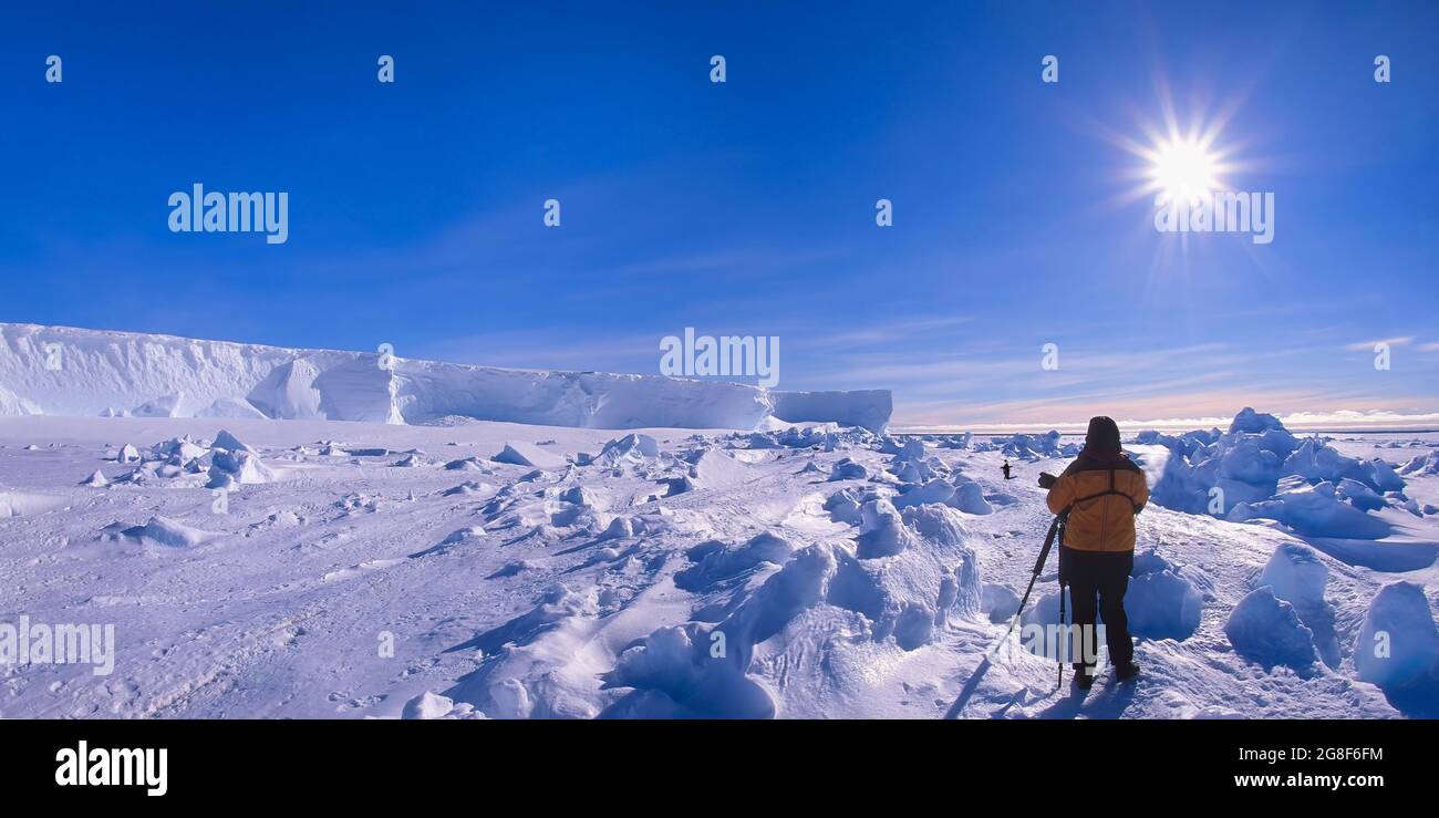 Tourist making photo of Emperor Penguin, Drescher Inlet Iceport, Queen Maud Land, Weddell Sea, Antarctica Stock Photo