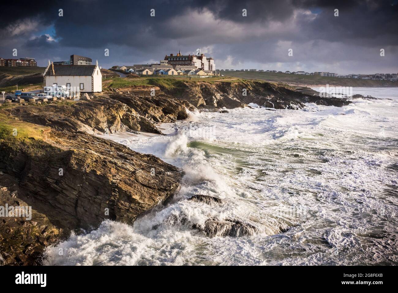 High tide and choppy sea at Little Fistral in Newquay in Cornwall. Stock Photo