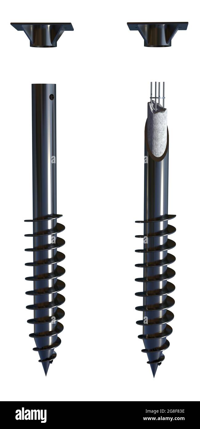 screw piers with tops concrete and reinforcing isolated cgi industrial 3D illustration Stock