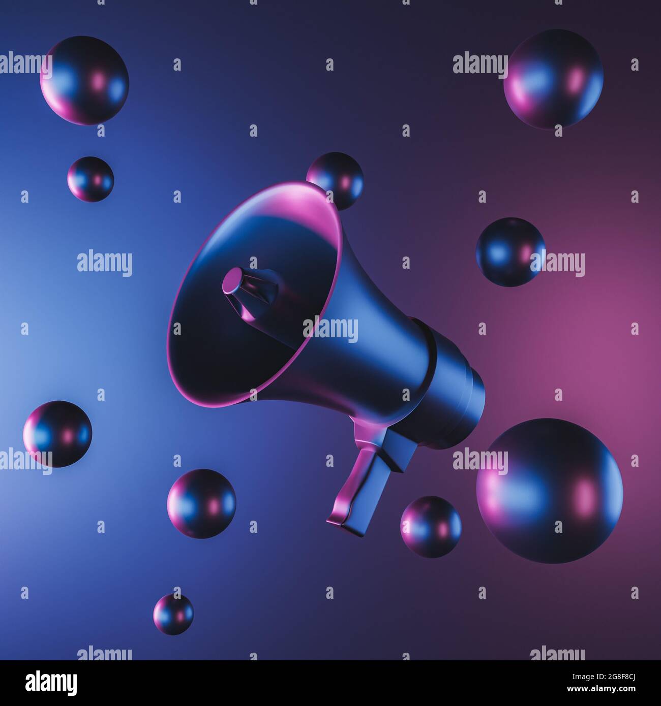 minimal megaphone with neon lighting and metal spheres floating around ...
