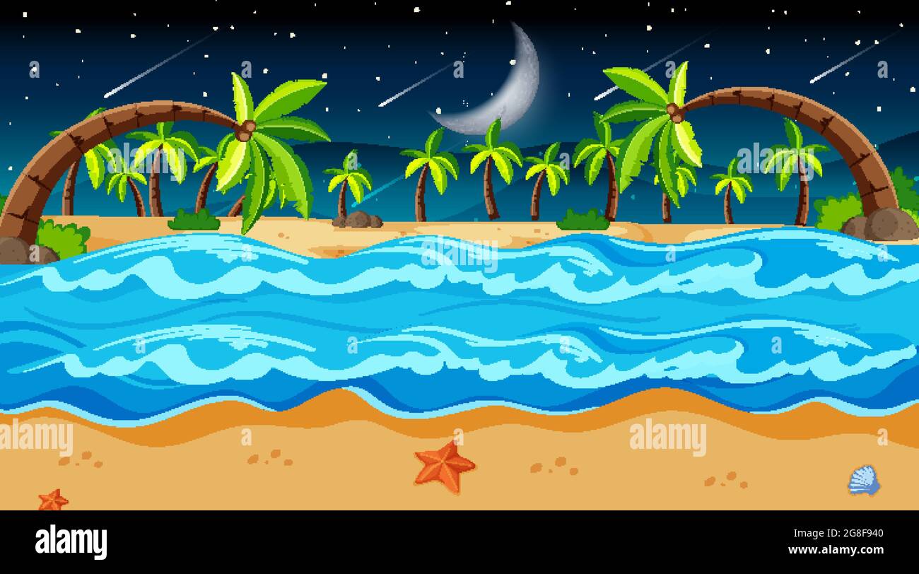 Tropical beach landscape scene with many palm trees at night ...