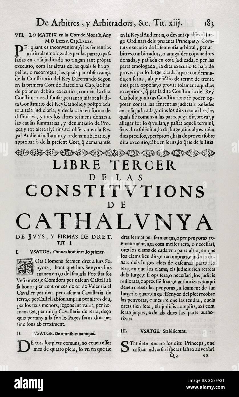 Constituciones y otros Derechos de Cataluña (Constitutions and other Rights of Catalonia), compiled of the Corts of King Philip IV. First Volume. Printed in the House of Joan Pau Marti and Joseph Llopis Estampers, 1704. Third Book. On Constitutions of Catalonia. On judgments and law signatures. De juicios y firmas de derecho. Usatge. Historical Military Library of Barcelona, Catalonia, Spain. Stock Photo