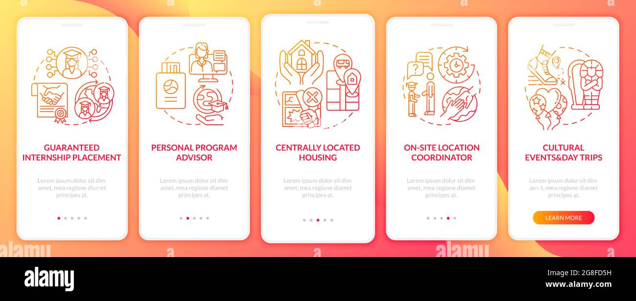 Work-based learning benefits onboarding mobile app page screen Stock Vector