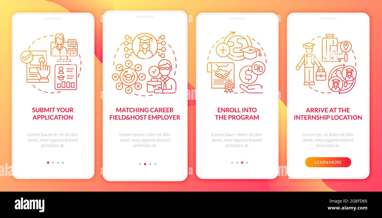 Traineeship abroad strategy onboarding mobile app page screen Stock Vector