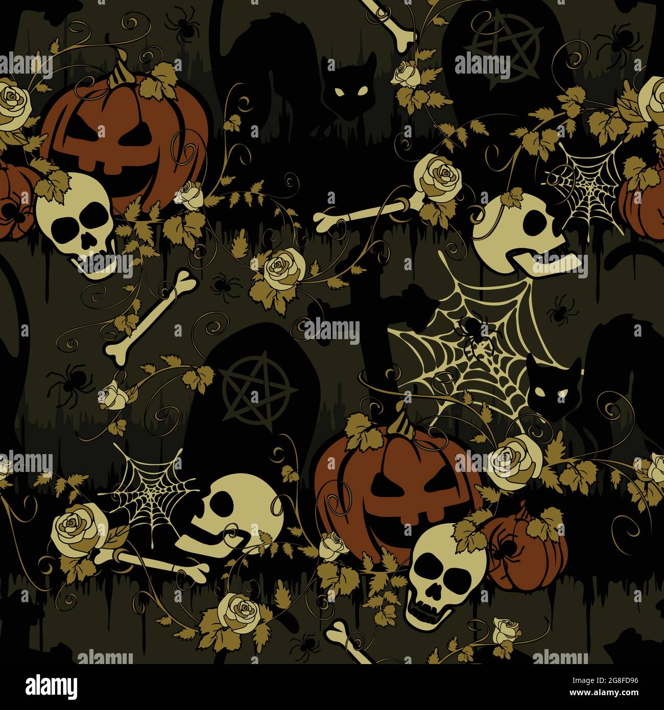 Seamless vector pattern with tombstones and pumpkins silhouette on grey background. Gothic Halloween wallpaper design with black cat. Stock Vector