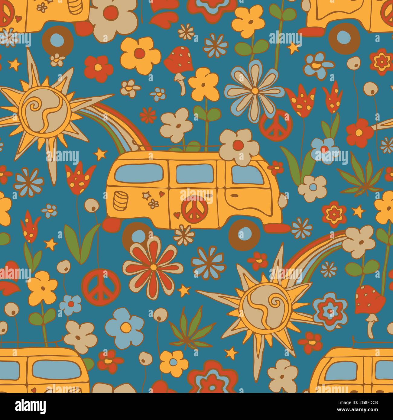 Seamless vector pattern with retro boho van on blue background. Vintage  decorative life style wallpaper design. Summer meadow fashion textile Stock  Vector Image & Art - Alamy