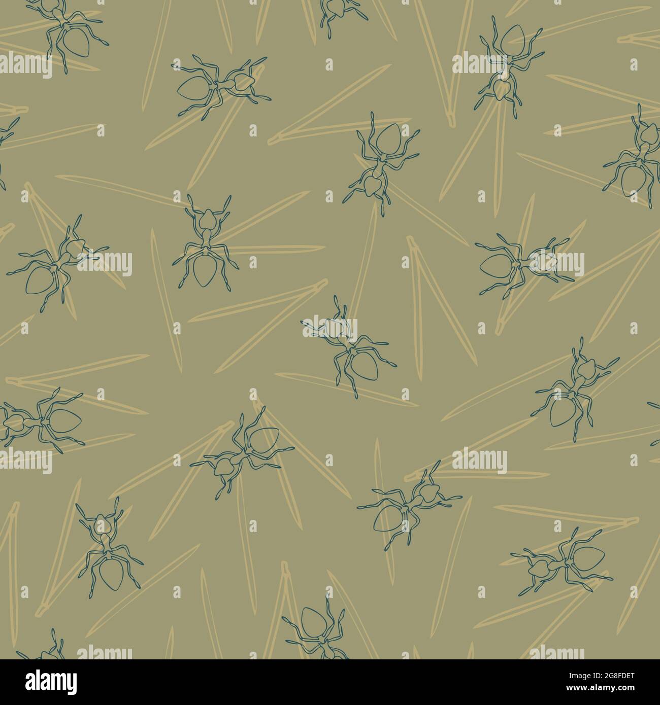 Seamless vector pattern with ant nest and thorns on grey background. Simple animal line art wallpaper design. Stock Vector