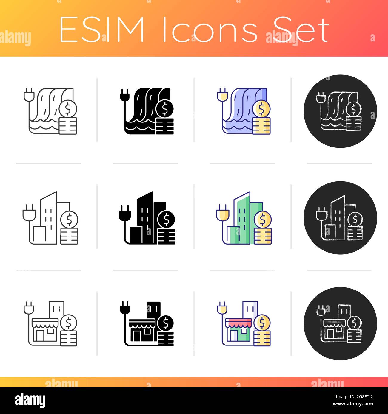 Electrical energy purchase expense icons set Stock Vector