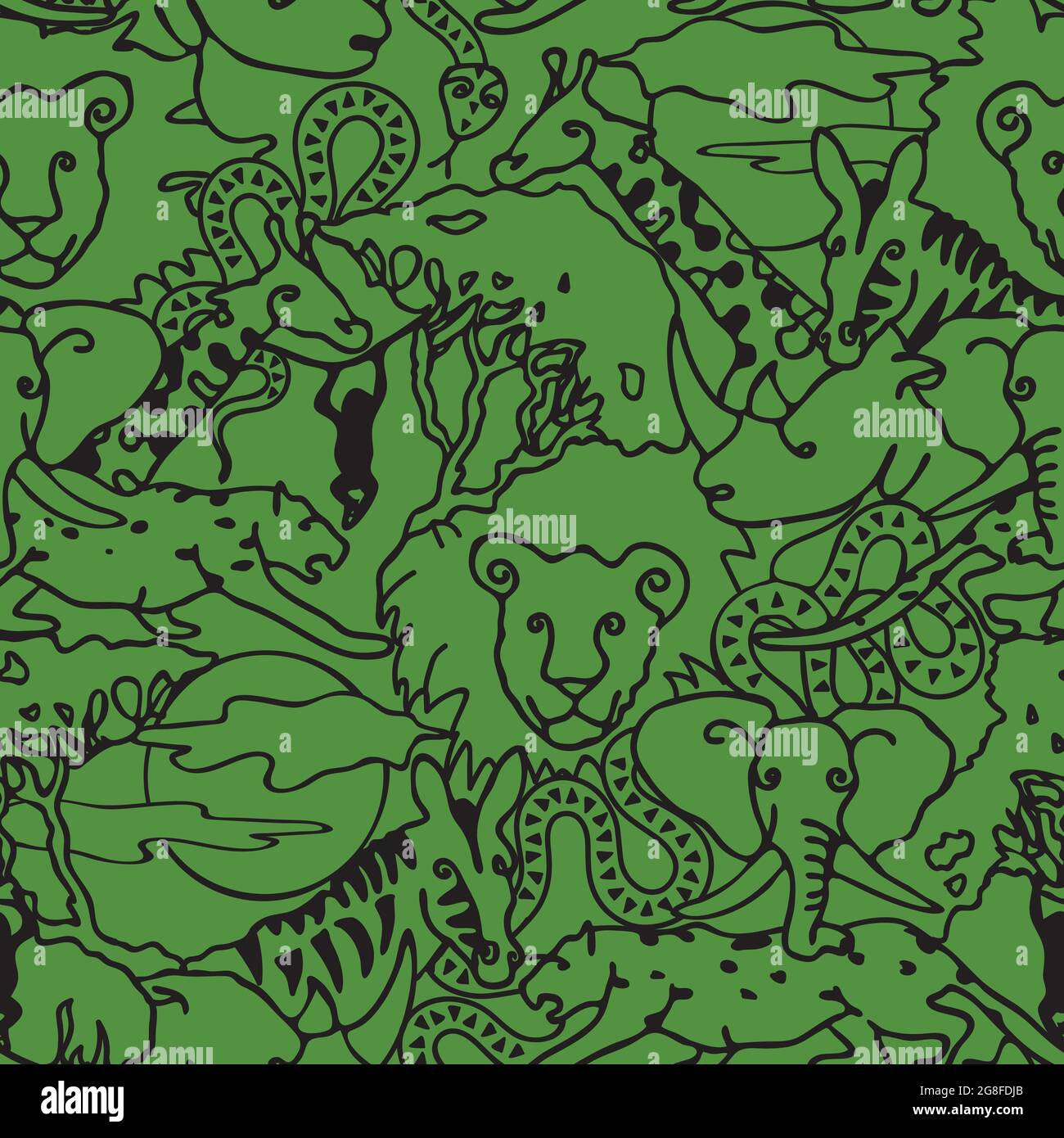 Seamless vector pattern animal line art on green background. Simple safari animal wallpaper design for children. Cute Savannah texture. Stock Vector