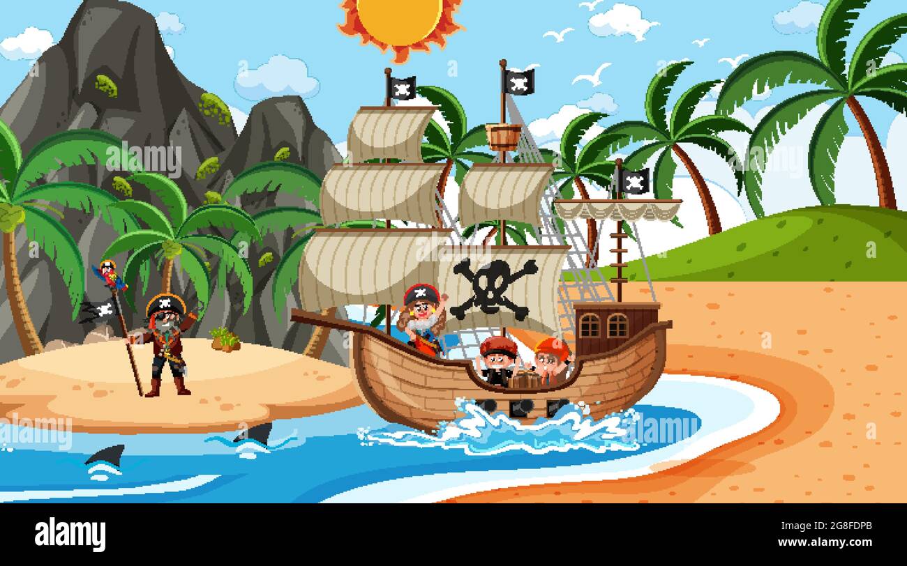Beach with Pirate ship at daytime scene in cartoon style illustration ...