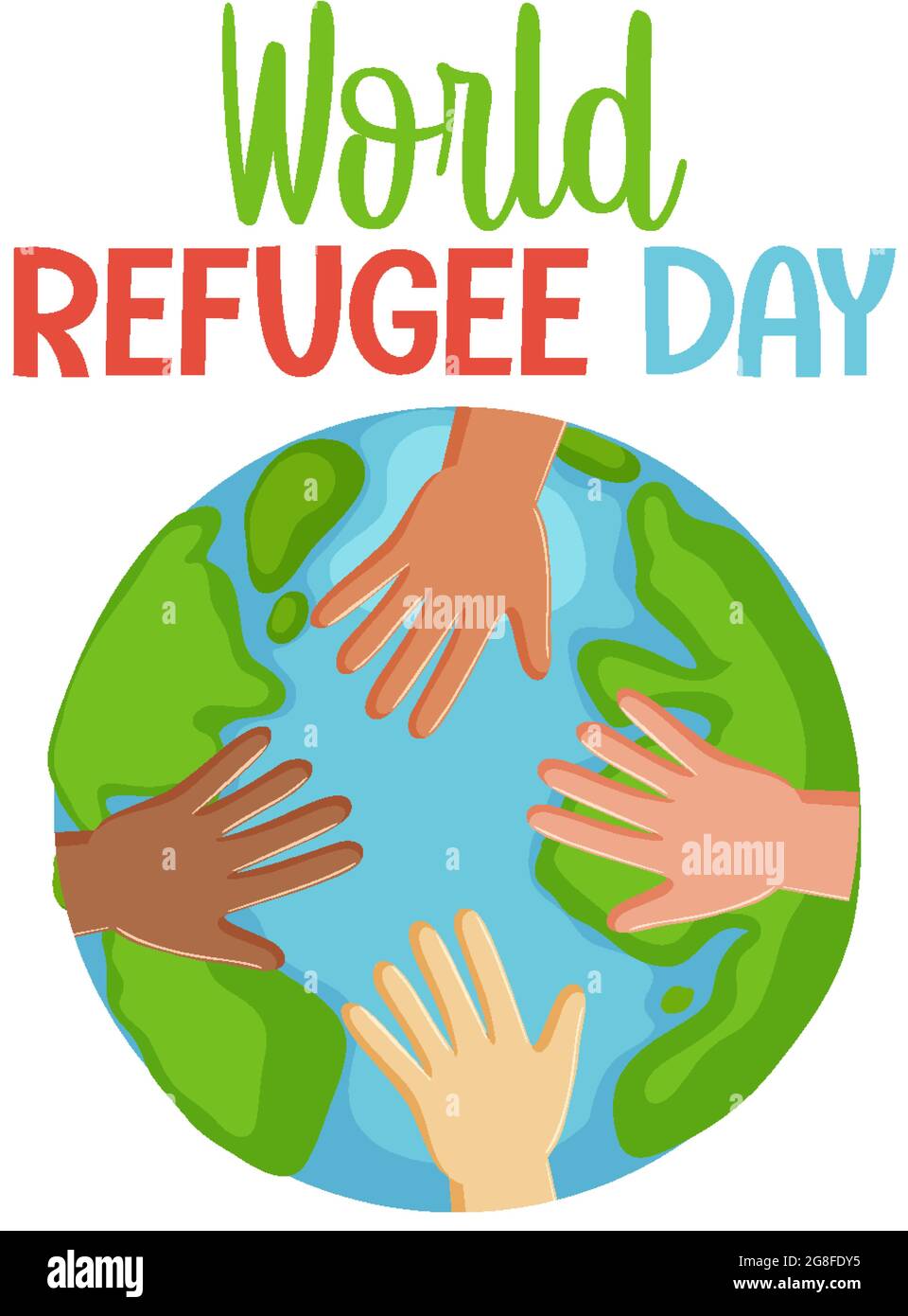 World Refugee Day banner with different hands on globe isolated