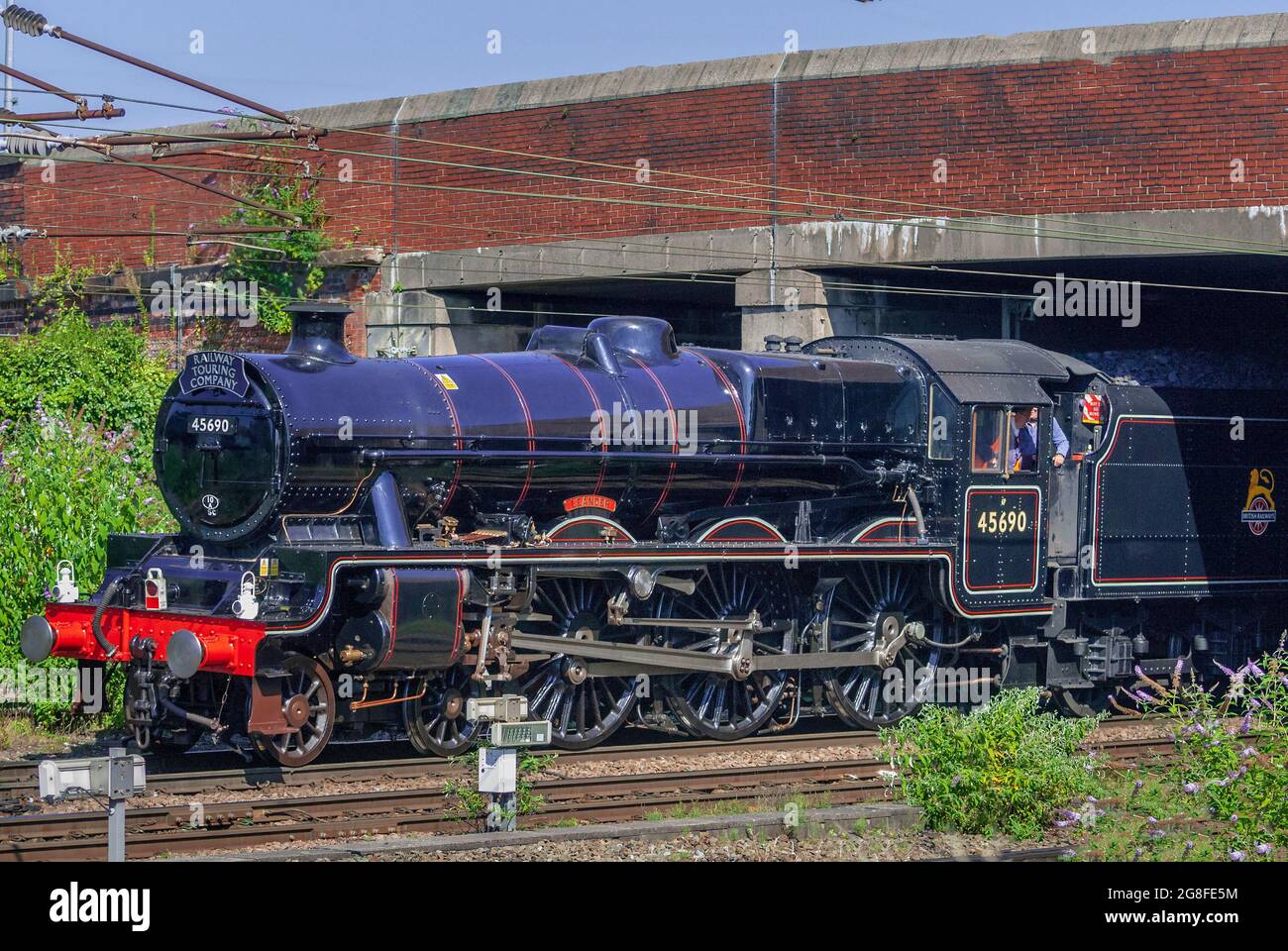 Stanier Black Five Leander steam locomotive at Warrington on the WCML. Stock Photo