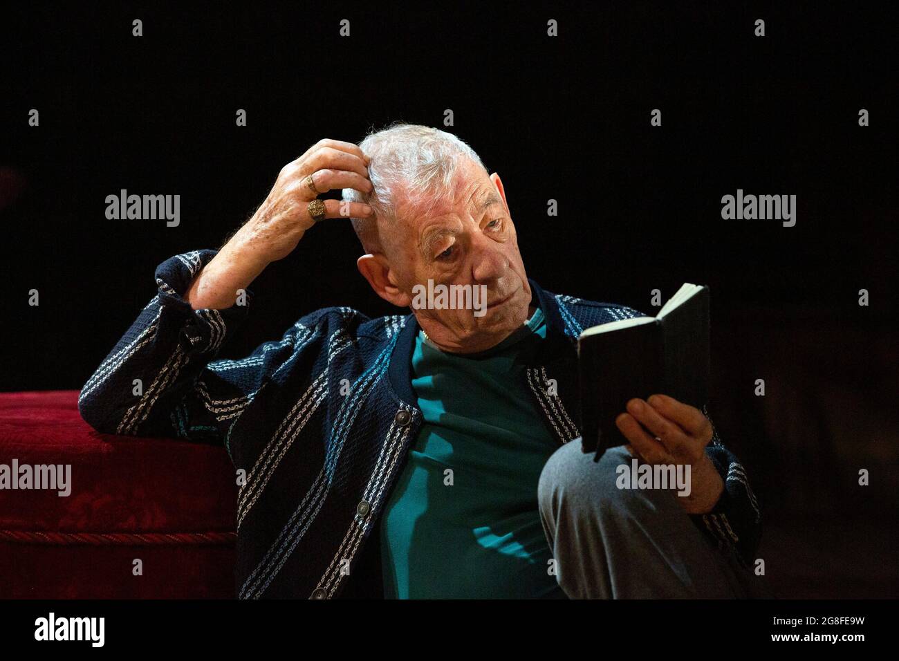 Ian McKellen as Hamlet in HAMLET by Shakespeare opening at the Theatre Royal Windsor, England on 20/07/2021 set design: Lee Newby  costumes: Loren Epstein  wigs & make-up: Susanna Peretz  lighting: Zoe Spurr  director: Sean Mathias Stock Photo