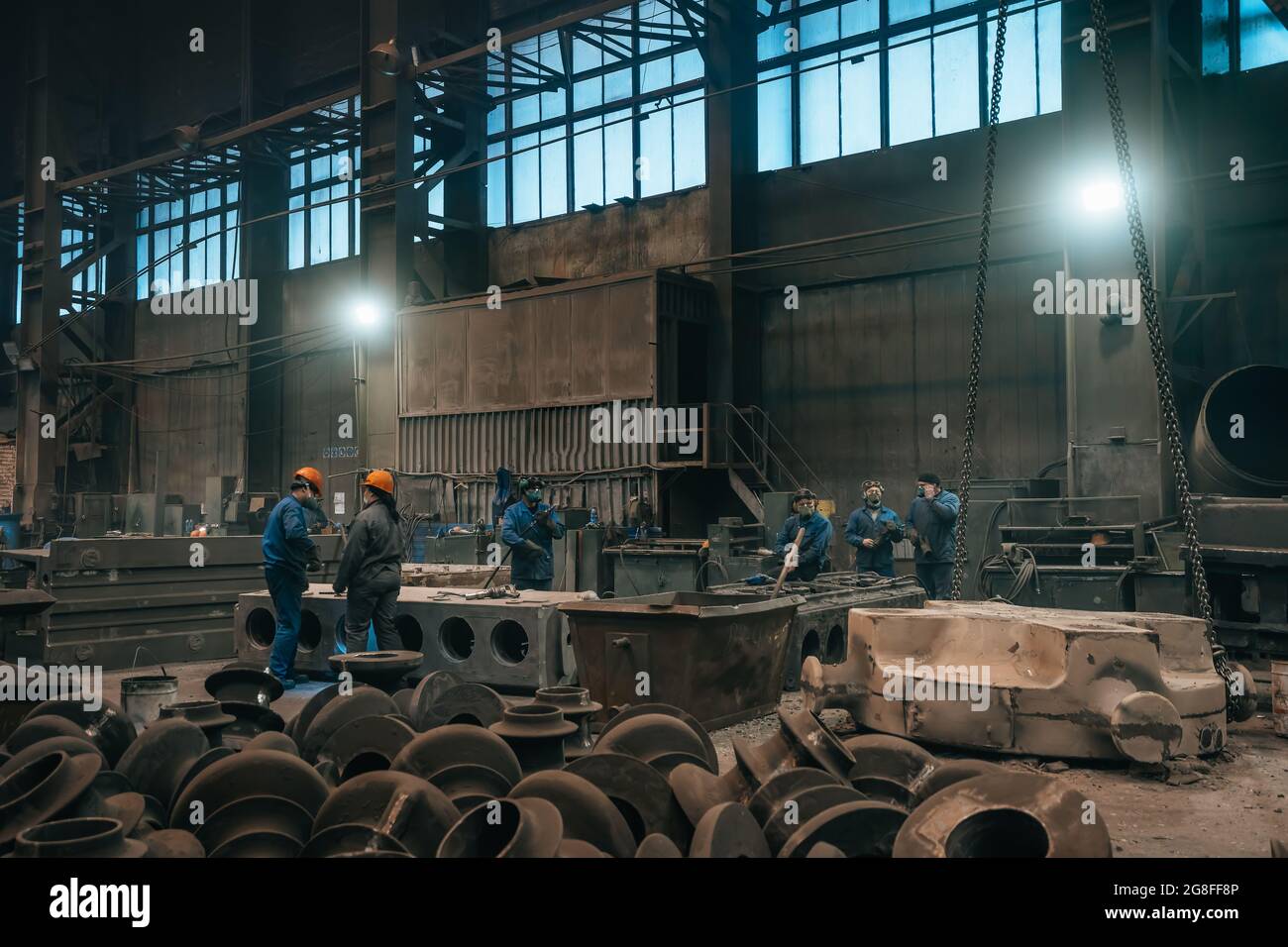 Heavy Industry manufacturing factory, metallurgical plant workshop inside. Metallurgy manufacturing steel products production. Stock Photo