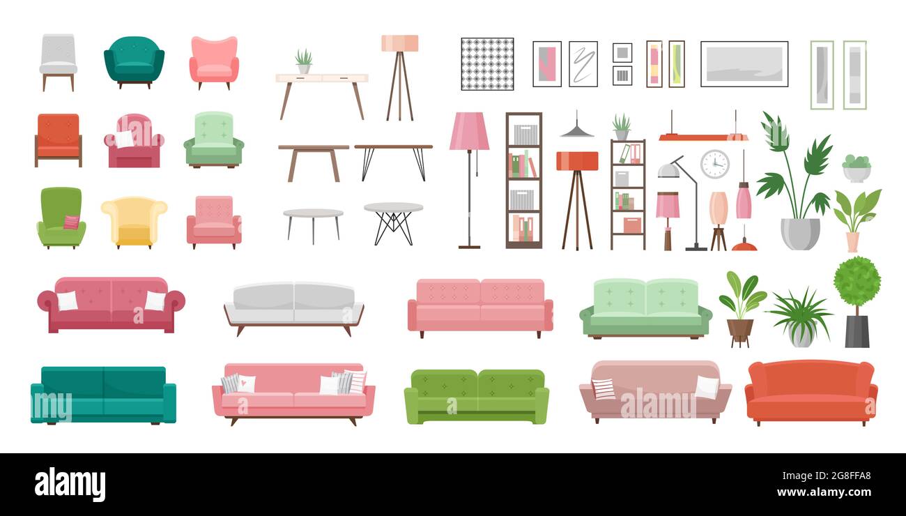Furniture vector illustration set, cartoon flat furnishings design, designer trendy items for home apartment or office interior decor isolated on Stock Vector