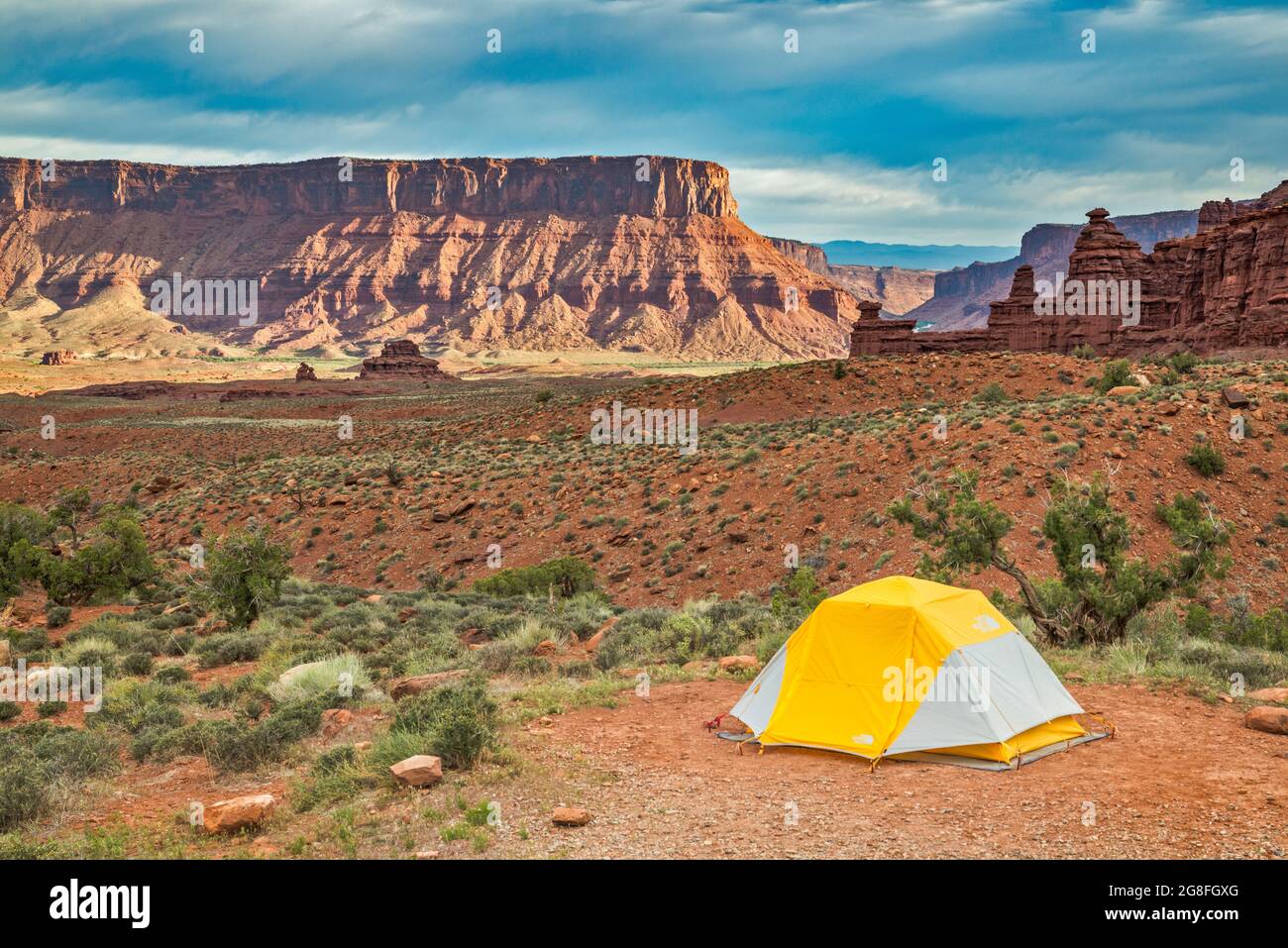 Campsite at Fisher Towers Recreation Site, view of Richardson Amphitheater and Dome Plateau over Professor Valley, early morning, Utah, USA Stock Photo
