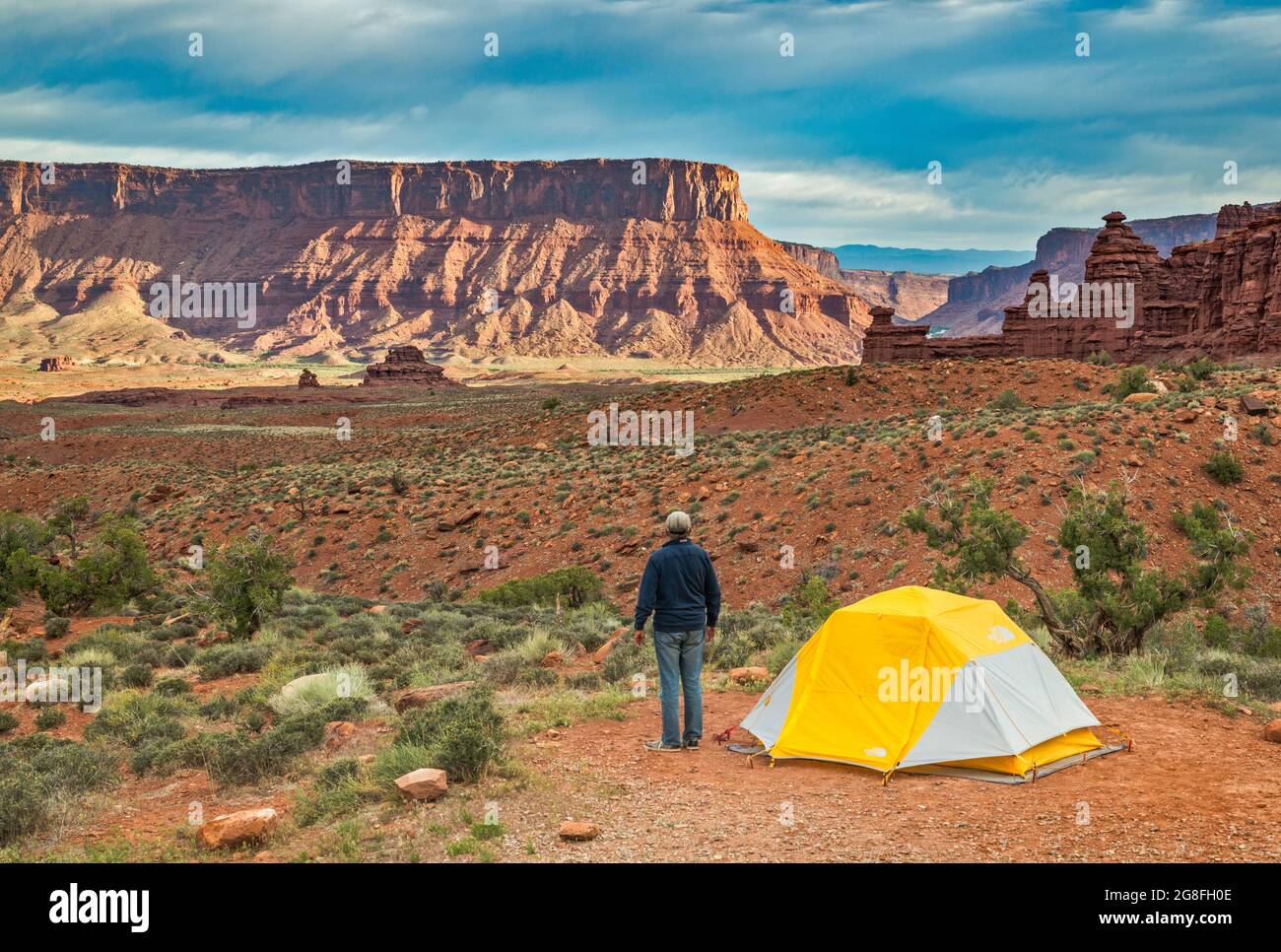 Campsite at Fisher Towers Recreation Site, camper looking at Richardson Amphitheater and Dome Plateau over Professor Valley, early morning, Utah, USA Stock Photo