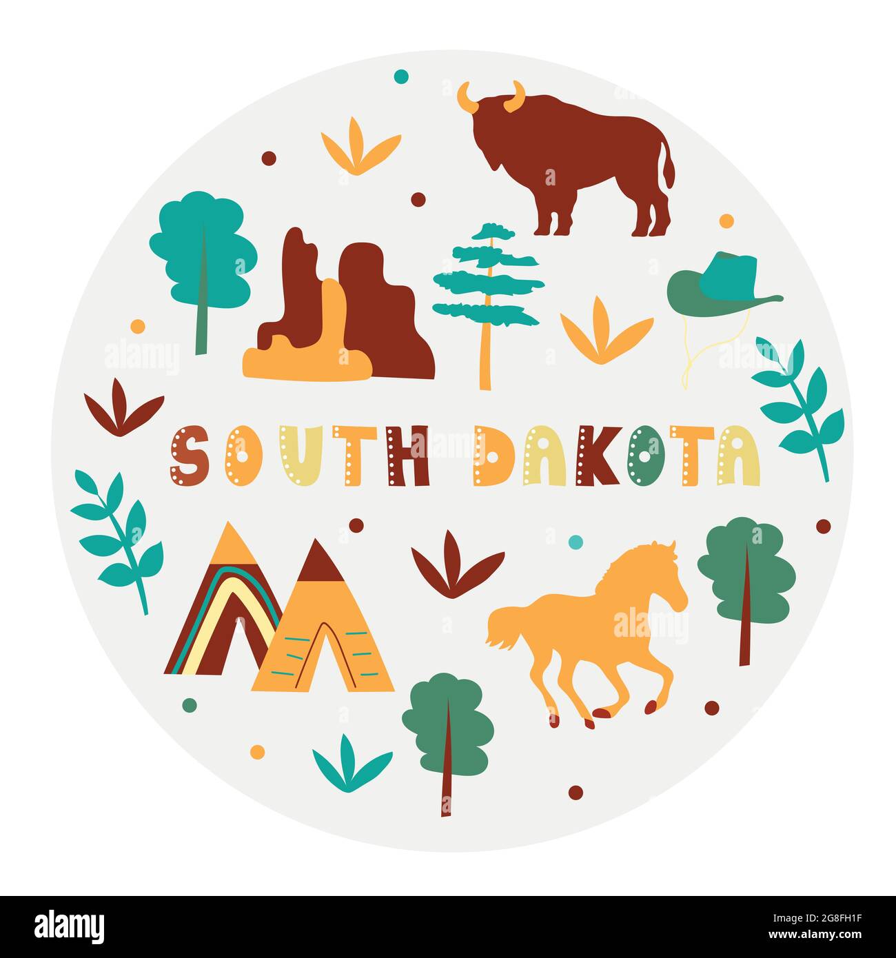 USA collection. Vector illustration of South Dakota. State Symbols