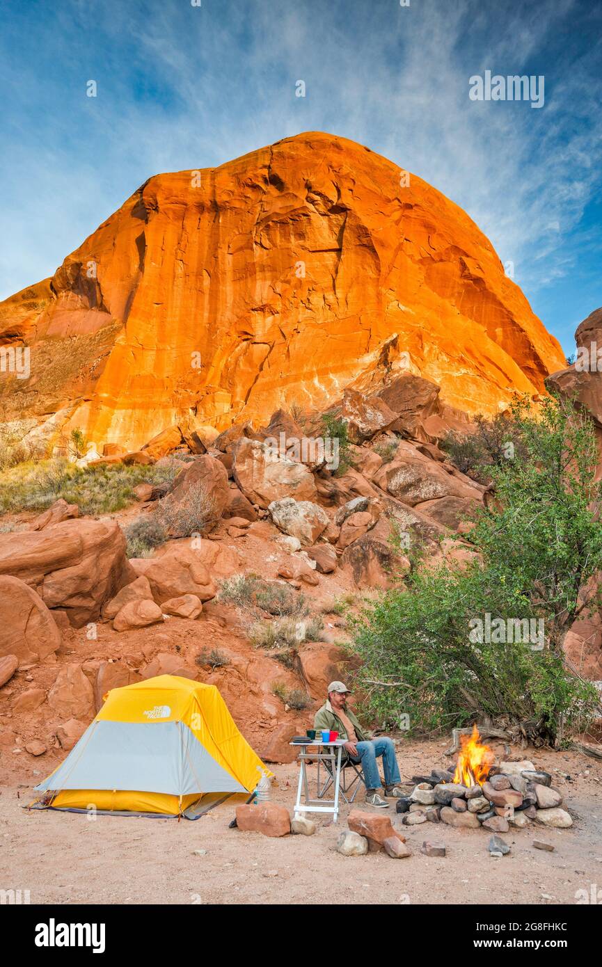 Slickrock formation over campsite at Sooner Rocks, sunset, Hole In The ...