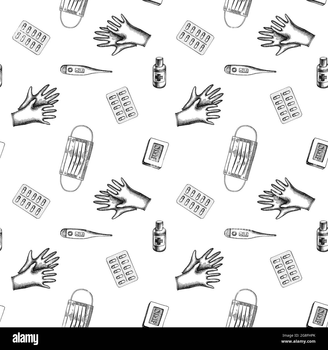 Seamless pattern with black and white pills and medicines, medical face mask, sanitizer bottles, medical thermometer, soap, medical gloves Stock Vector