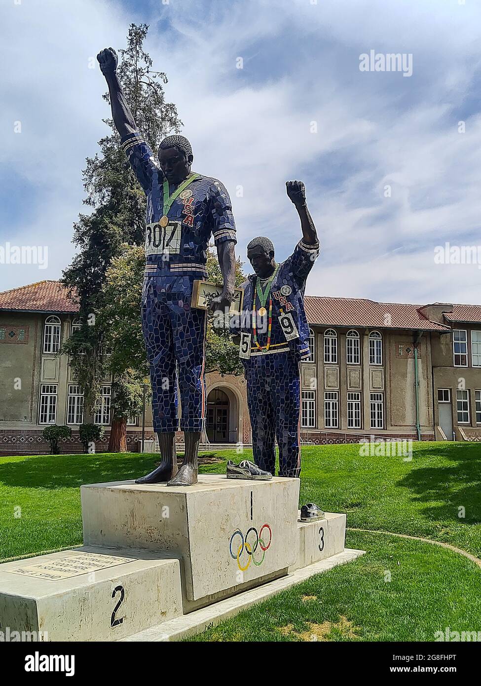 Overall view of statue on campus of the Mexico City 1968 Olympic Games San Jose State University Student-Athletes Tommie Smith and John Carlos stood f Stock Photo