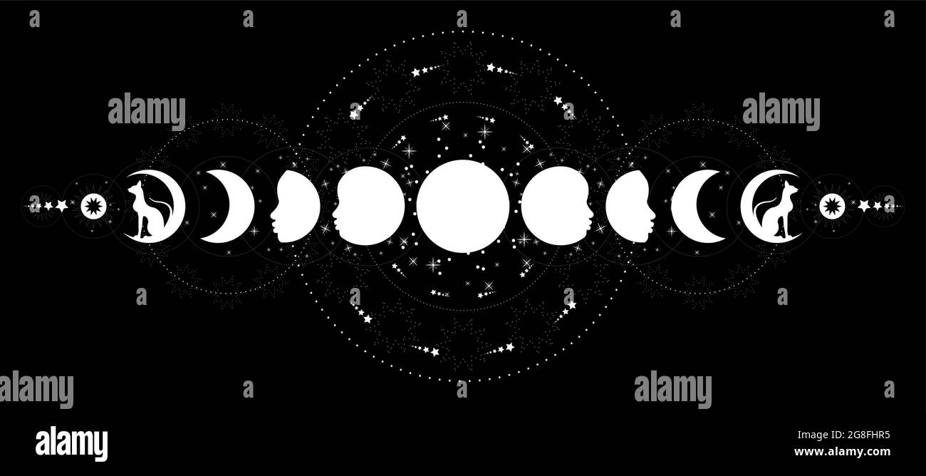 Phases of the moon. Triple moon and black cats, pagan Wiccan goddess symbol, full moon, waning, waxing, first quarter, gibbous, crescent, third quarte Stock Vector