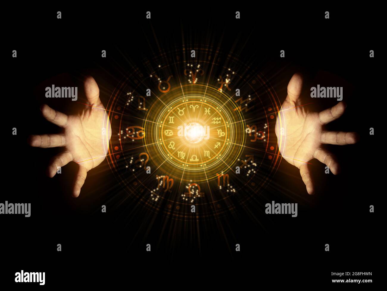 Zodiac signs inside of horoscope circle. Astrology in the sky with many stars and moons astrology and horoscopes concept. Stock Photo