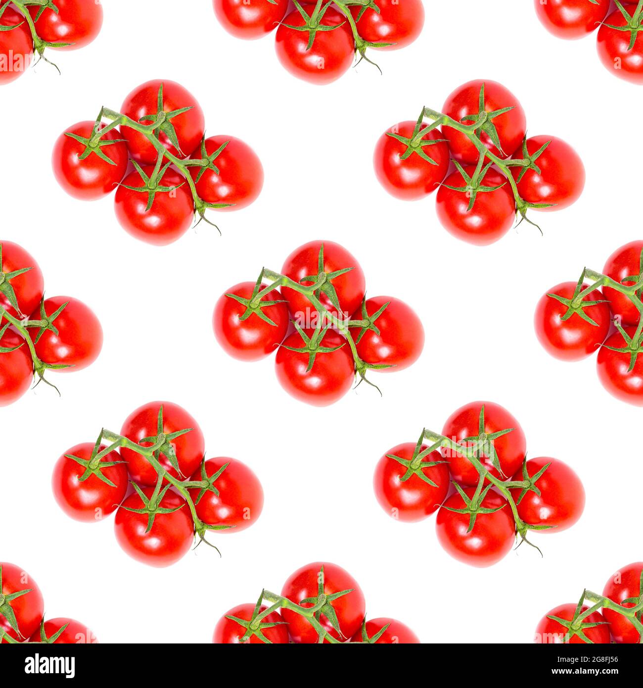 Red cherry tomatoes repeat seamless pattern on white background. Stock Photo