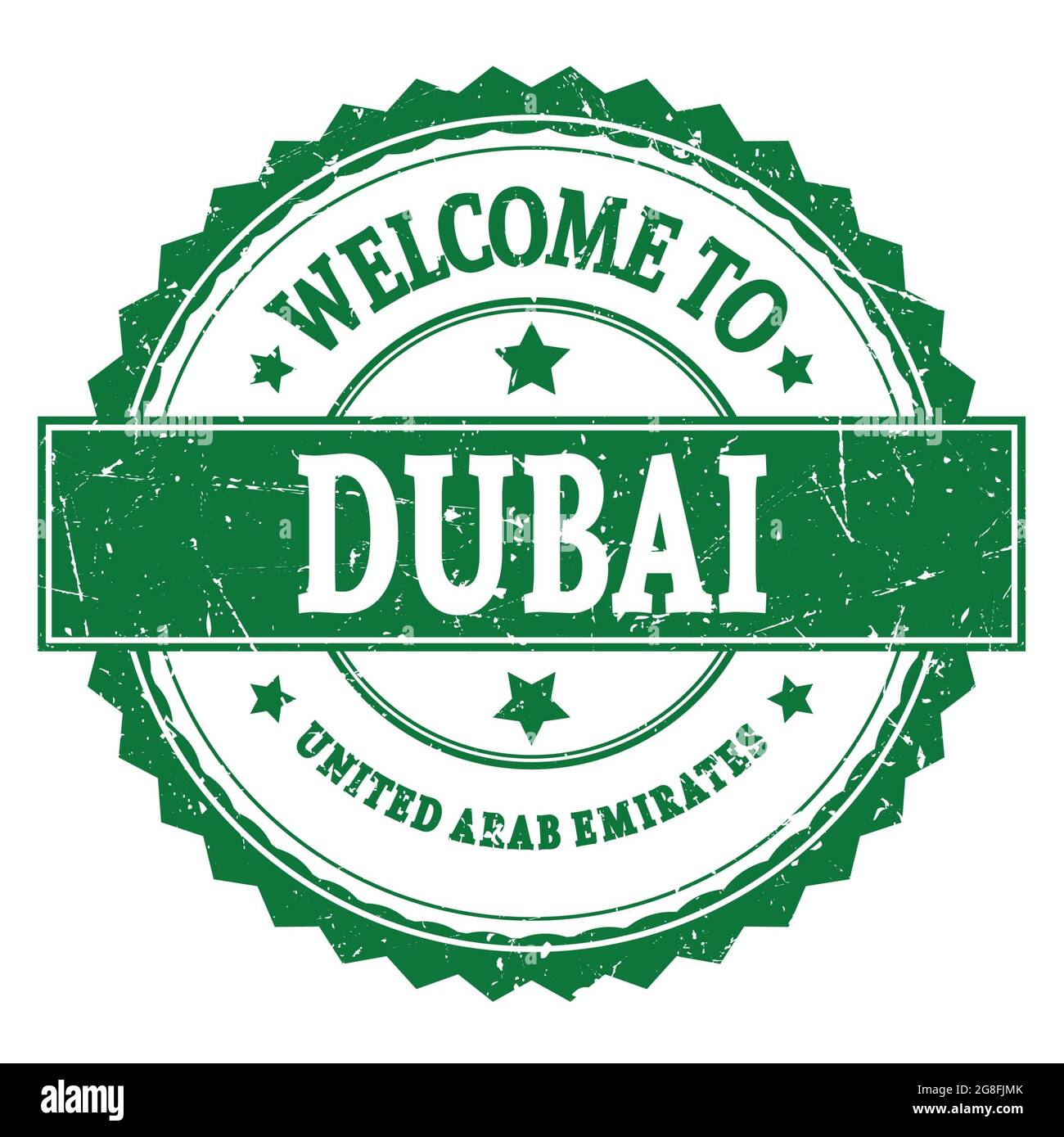 TO DUBAI UNITED ARAB EMIRATES, words written on green round zig zag stamp Stock Photo