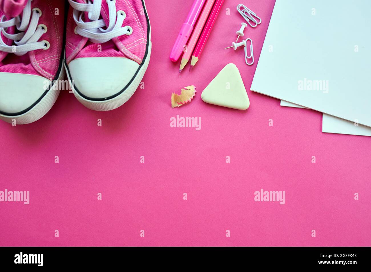 Pink Flat lay Back to school concept, School and office supplies on ...