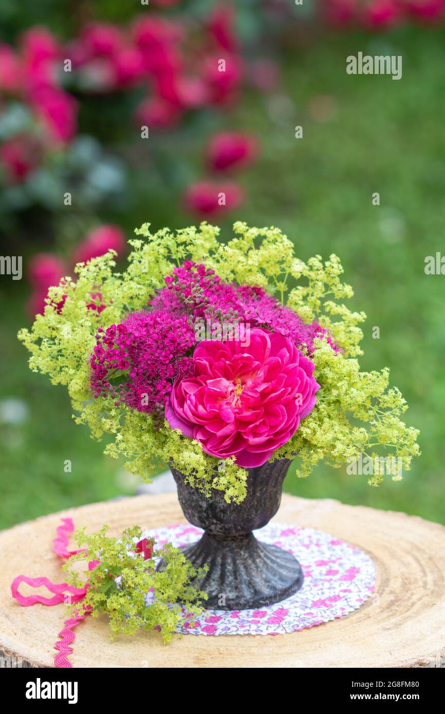 romantic bouquet of pink rose, lady´s mantle and japanese spiraea in vintage vase Stock Photo