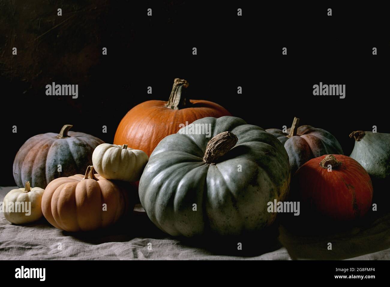 Colorful pumpkins collection on linen tablecloth. Dark still life Stock Photo