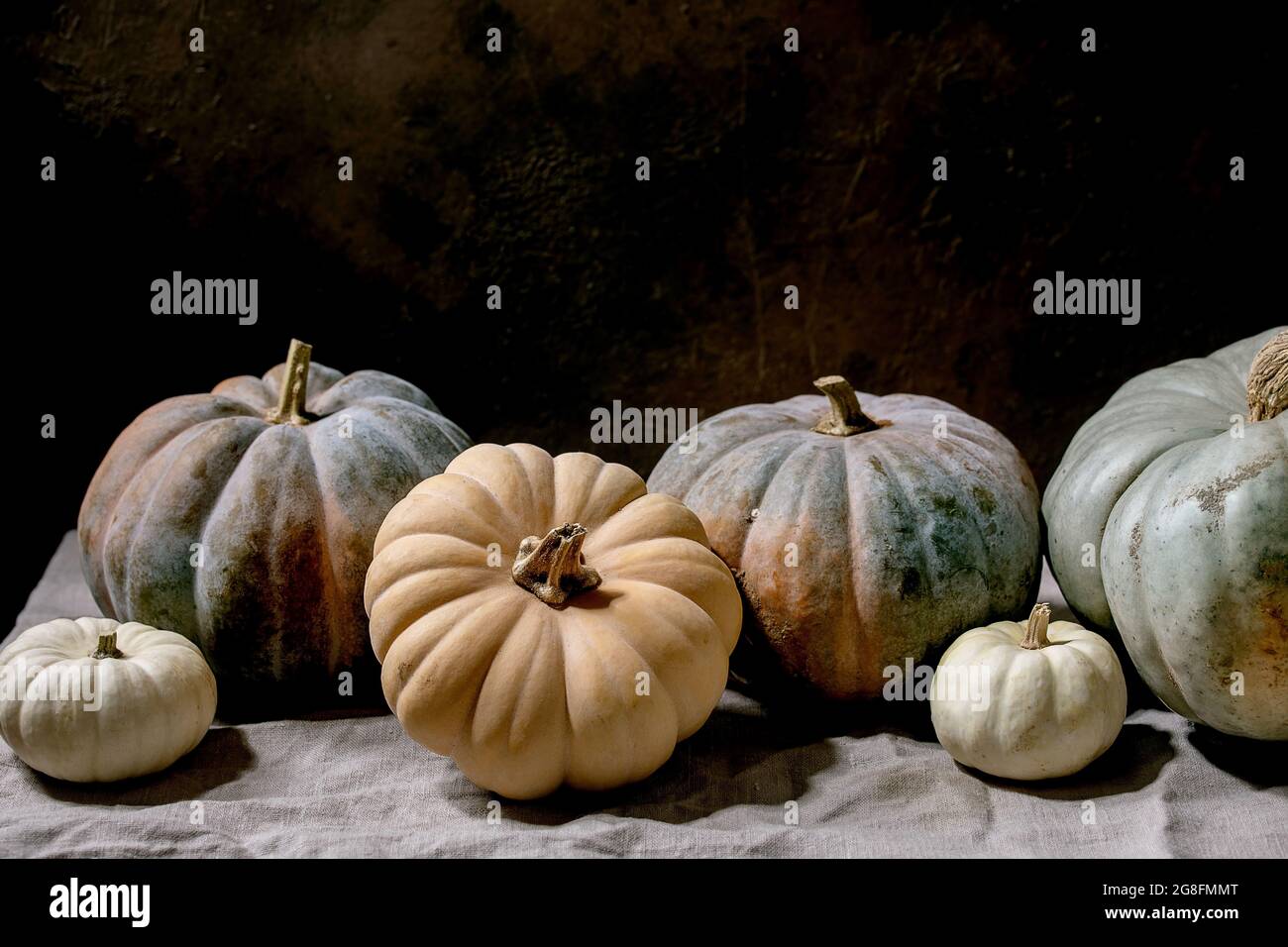 Colorful pumpkins collection on linen tablecloth. Dark still life Stock Photo