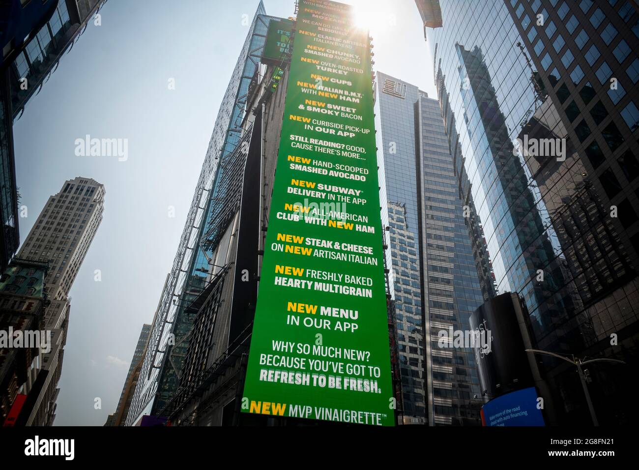Advertising for the Subway sandwich chain in Times Square in New York on Thursday, July 15, 2021. Subway has revamped their menu in their “Eat Fresh Refresh” branding, updating their offerings. (© Richard B. Levine) Stock Photo