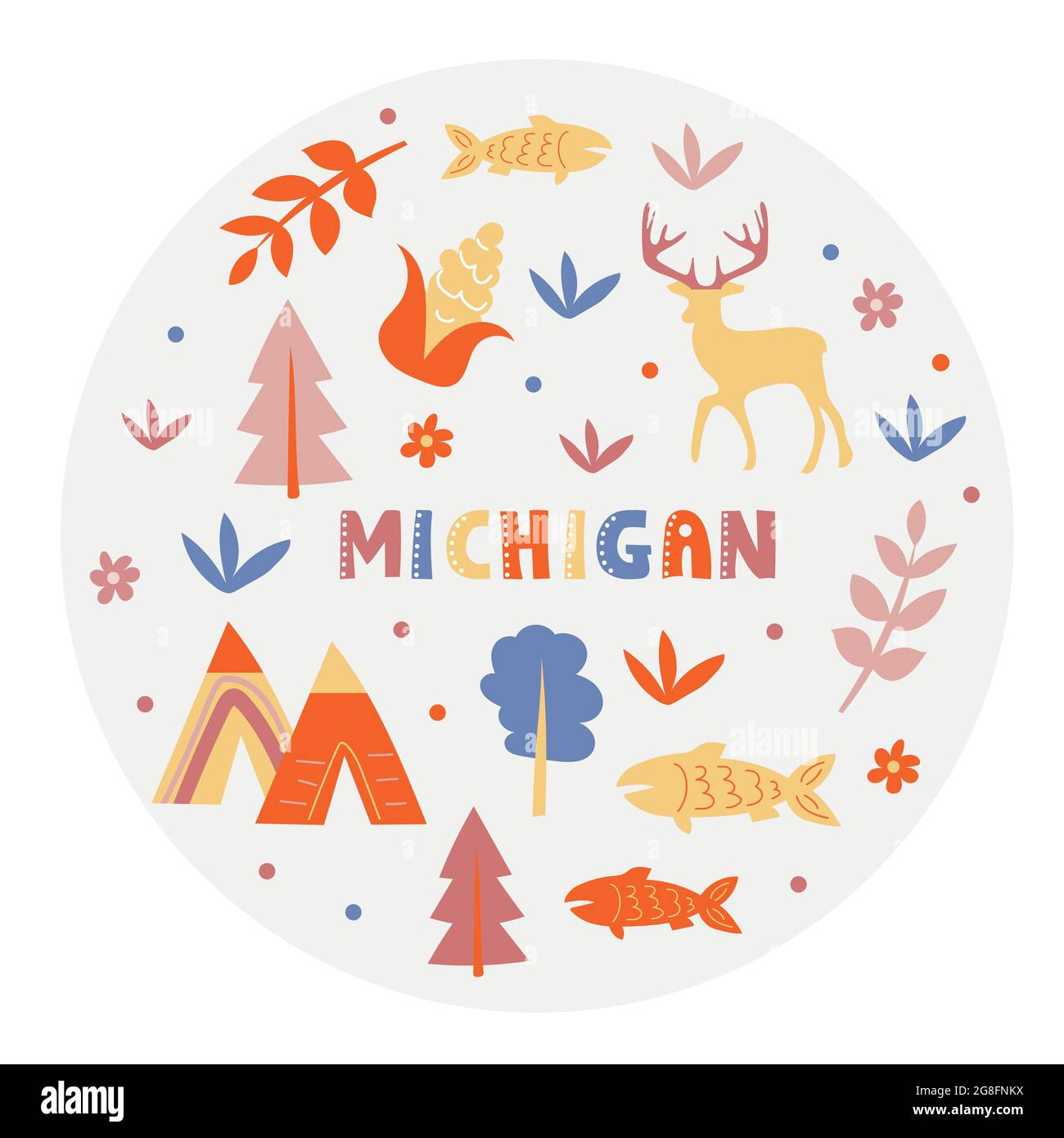 USA collection. Vector illustration of Michigan. State Symbols - round shape Stock Vector